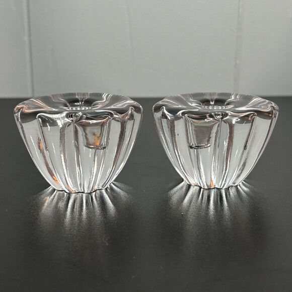 Pair of Vintage Orrefors of Sweden Flower Candle Holders for Mini Tapers Signed - Picture 2 of 13